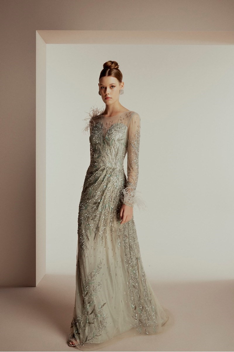 EMBROIDERED EVENING DRESS WITH FEATHER DETAIL