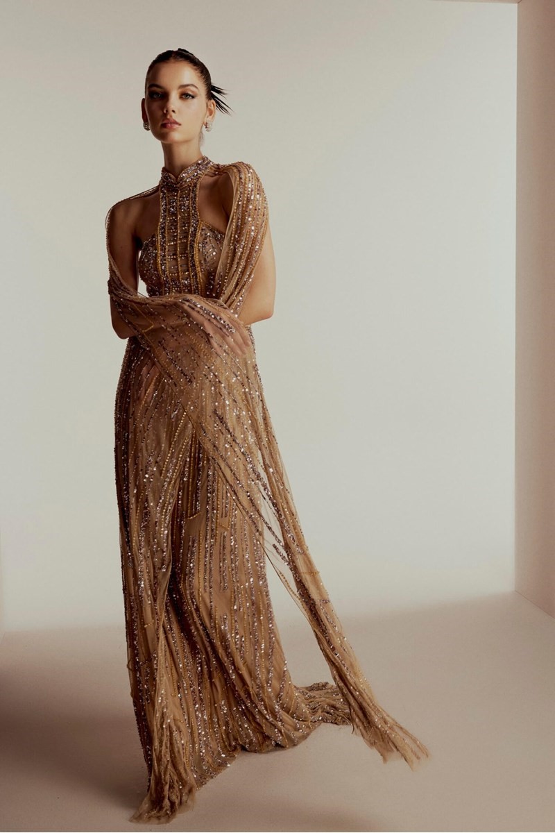 PONCHO SLEEVE MAXI EVENING DRESS WITH BEAD AND SEQUIN EMBROIDERY ON TULLE