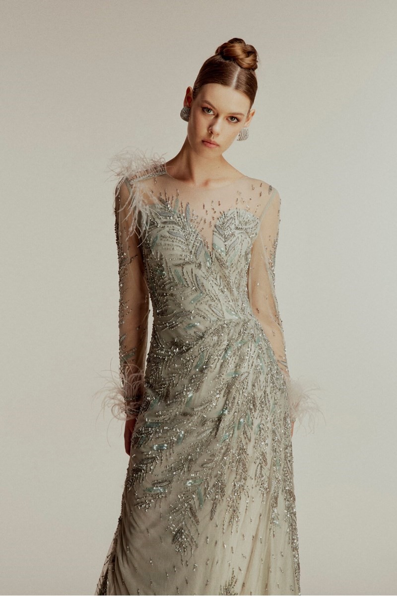 EMBROIDERED EVENING DRESS WITH FEATHER DETAIL