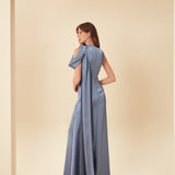 OMUZ VE İŞLEME DETAYLI TEK KOL SATEN ABİYE GRİ MAVİ