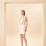 STRAPLEZ GÖĞÜSÜ DÜĞÜMLÜ MİNİ ELBİSE PUDRA