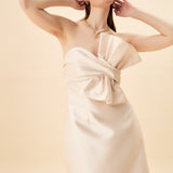 STRAPLEZ GÖĞÜSÜ DÜĞÜMLÜ MİNİ ELBİSE PUDRA