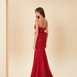 STRAPLEZ GÖĞÜSÜ GÜL DETAYLI BALIK ABİYE KIRMIZI