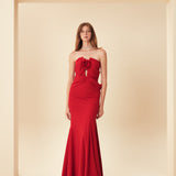 STRAPLEZ GÖĞÜSÜ GÜL DETAYLI BALIK ABİYE KIRMIZI