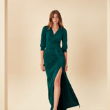 UZUN KOLLU BELİ VE GÖĞÜSÜ DRAPELİ V YAKA UZUN ELBİSE ZÜMRÜT YEŞİLİ