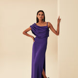 TEK OMUZLU VE OMUZU İŞLEMELİ SATEN ABİYE MOR