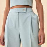 YÜKSEL BEL BOL KESİM ÜTÜ ÇİZGİLİ COTTON PANTOLON MAVİ