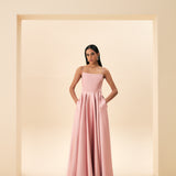 ÜST BEDENİ BALENLİ KORSE UZUN ASKILI ABİYE PEMBE