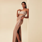 ÜSTÜ STRAPLEZ PAYETLİ ETEĞİ JARSE YIRTMAÇLI  ELBİSE BRONZ