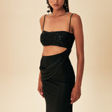 ÜSTÜ STRAPLEZ PAYETLİ ETEĞİ JARSE YIRTMAÇLI  ELBİSE SİYAH