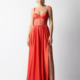 GÖĞÜS KUPLU TRANSPARAN BEDEN DETAYLI ELBİSE MERCAN