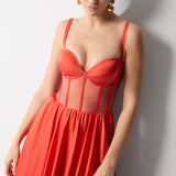 GÖĞÜS KUPLU TRANSPARAN BEDEN DETAYLI ELBİSE MERCAN