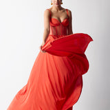 GÖĞÜS KUPLU TRANSPARAN BEDEN DETAYLI ELBİSE MERCAN