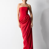 STRAPLEZ YAKA BEDENLİ TOPLAMA DETAYLI ELBİSE KIRMIZI