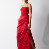 STRAPLEZ YAKA BEDENLİ TOPLAMA DETAYLI ELBİSE KIRMIZI