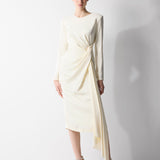 BEDENİ DRAPE DETAYLI UZUN KOLLU MİDİ BOY SATEN ELBİSE BEJ