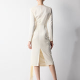 BEDENİ DRAPE DETAYLI UZUN KOLLU MİDİ BOY SATEN ELBİSE BEJ