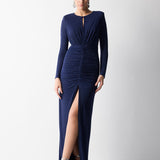 BÜZGÜ DETAYLI PARILTILI JARSE ELBİSE LACİVERT