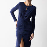 BÜZGÜ DETAYLI PARILTILI JARSE ELBİSE LACİVERT