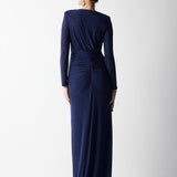 BÜZGÜ DETAYLI PARILTILI JARSE ELBİSE LACİVERT