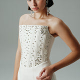 STRAPLEZ BALENLİ MİNİ KREP ELBİSE EKRU