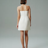 STRAPLEZ BALENLİ MİNİ KREP ELBİSE EKRU