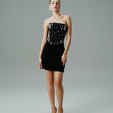 STRAPLEZ BALENLİ MİNİ KREP ELBİSE SİYAH