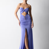 ZİNCİR ASKILI ÖPÜCÜK YAKALI ÖNDEN YIRTMAÇLI JARSE ELBİSE LAVANTA