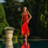 ASKILI TRANSPARAN DETAYLI BALENLİ İŞLEMELİ UZUN KREP SATEN ELBİSE BORDO