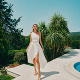 TEK OMUZ BELDEN İP AKSESUAR İLE BAĞLI ASİMETRİK FORMLU KOTON ELBİSE BEYAZ