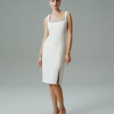 ASKILI HAVUZ YAKALI KISA KREP ELBİSE EKRU