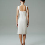 ASKILI HAVUZ YAKALI KISA KREP ELBİSE EKRU