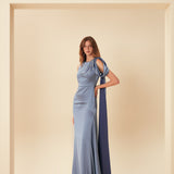 OMUZ VE İŞLEME DETAYLI TEK KOL SATEN ABİYE GRİ MAVİ