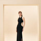 SIFIR KOL BEL DEKOLTESİ TAŞ İŞLEMELİ ABİYE SİYAH