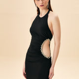 SIFIR KOL BEL DEKOLTESİ TAŞ İŞLEMELİ ABİYE SİYAH