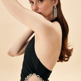 SIFIR KOL BEL DEKOLTESİ TAŞ İŞLEMELİ ABİYE SİYAH