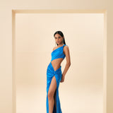 BEL VE BACAK YIRTMAÇLI TEK OMUZ SATEN ELBİSE MAVİ