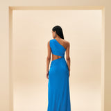 BEL VE BACAK YIRTMAÇLI TEK OMUZ SATEN ELBİSE MAVİ