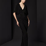 BÜZGÜ DETAYLI DERİN YIRTMAÇLI PARILTILI JARSE SİYAH