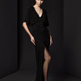 BÜZGÜ DETAYLI DERİN YIRTMAÇLI PARILTILI JARSE SİYAH