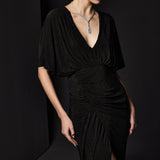 BÜZGÜ DETAYLI DERİN YIRTMAÇLI PARILTILI JARSE SİYAH