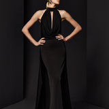 DEGAJE YAKALI SIRT DEKOLTELİ JARSE ELBİSE SİYAH