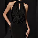 DEGAJE YAKALI SIRT DEKOLTELİ JARSE ELBİSE SİYAH