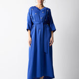 ÜZERİ KASALI TAŞLI İŞLEMELİ V YAKA UZUN ABİYE SAKS