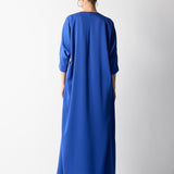 ÜZERİ KASALI TAŞLI İŞLEMELİ V YAKA UZUN ABİYE SAKS