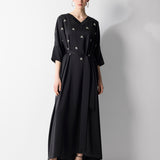 ÜZERİ KASALI TAŞLI İŞLEMELİ V YAKA UZUN ABİYE SİYAH