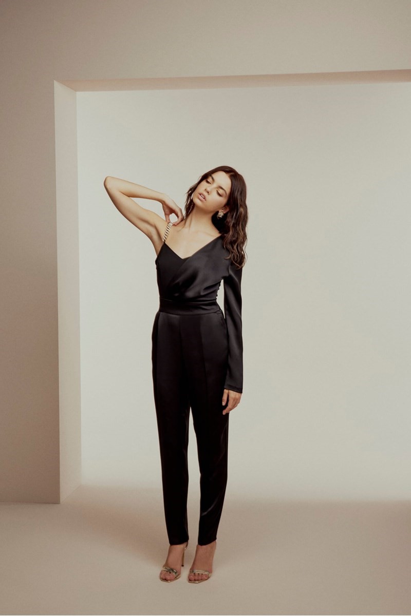 SATIN JUMPSUIT WITH CHAIN DETAIL ON ONE SHOULDER