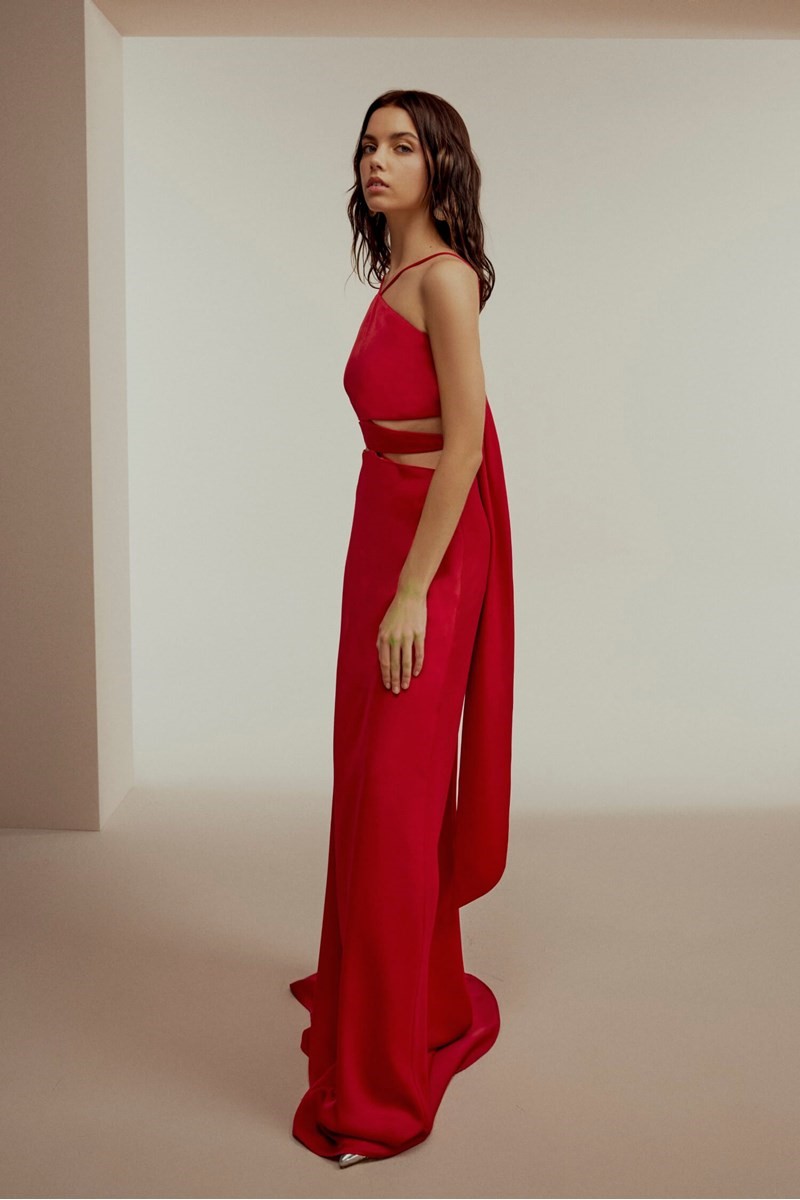 LONG RED EVENING DRESS WITH CUT OUT DETAIL