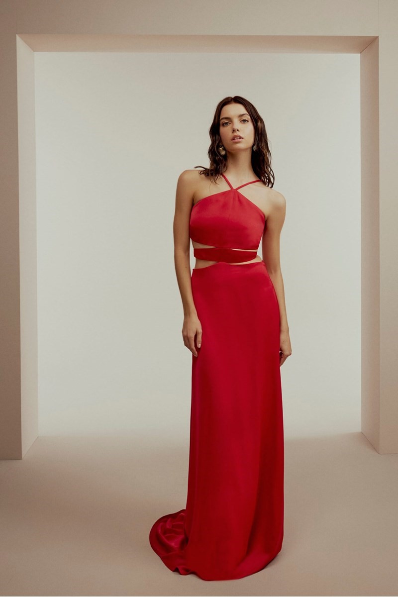 LONG RED EVENING DRESS WITH CUT OUT DETAIL