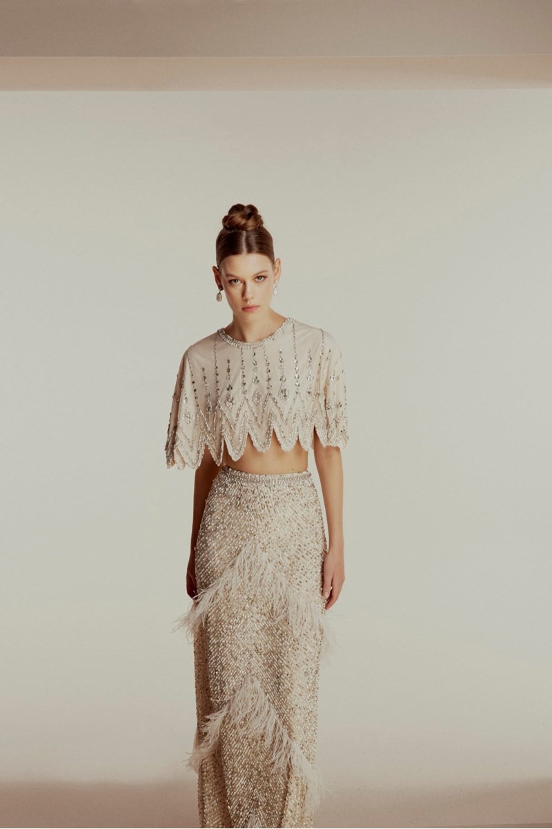 CRYSTAL BEAD AND SEQUIN EMBROIDERED FEATHER DETAIL MINI PONCHO AND SKIRT SET